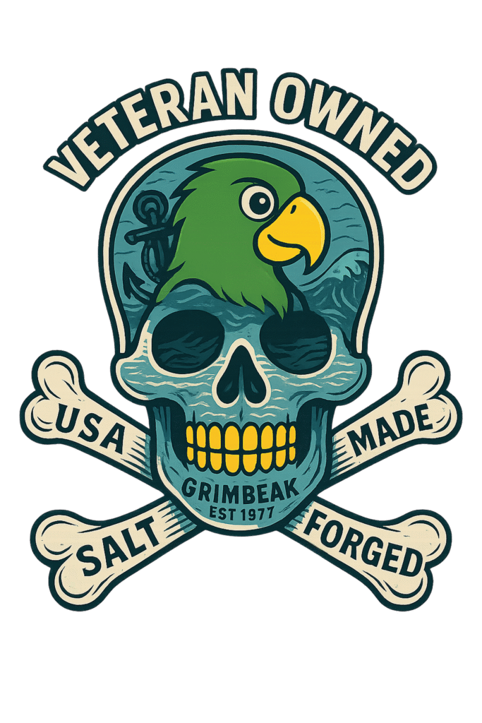 GrimBeak 1977 logo featuring BOATS, a green parrot, over a blue skull and crossbones with the text “Veteran Owned,” “USA Made,” “Salt Forged,” and “GrimBeak Est 1977.”